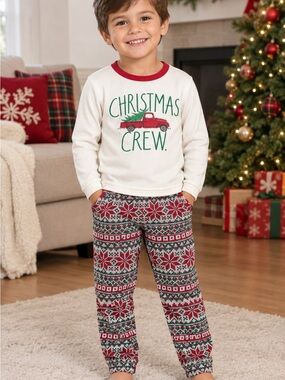 Rae Dunn White Kids Christmas Crew PJ Top with Red & Green Accents, 2T .